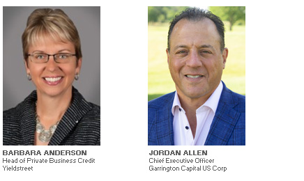 Photos of Barbara Anderson - Head of Private Business Credit at Yieldstreet and Jordan Allen - Chief Executive Officer of Garrington Capital US Corp discuss finance with ABL Advisor